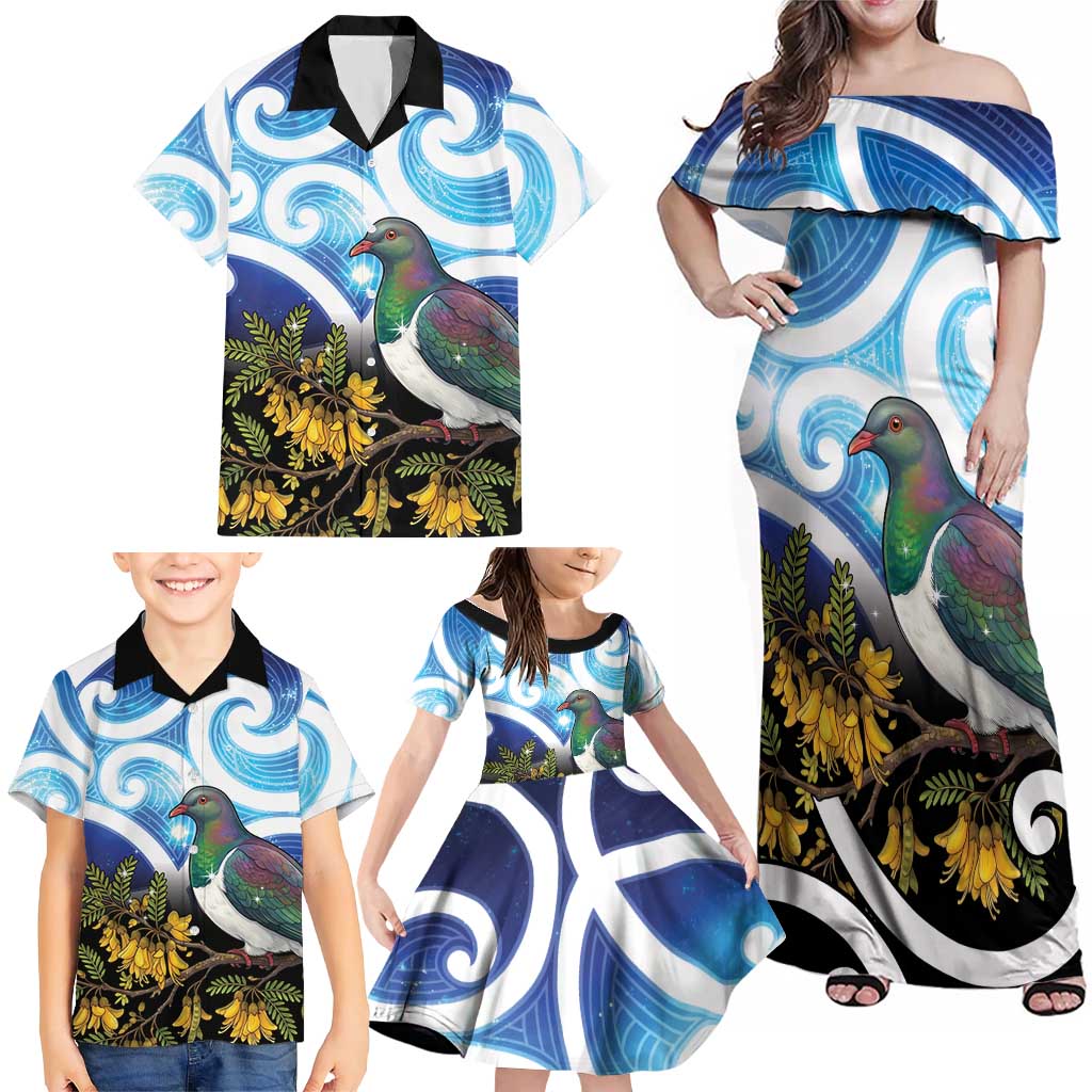 Kekeru New Zealand Matariki Family Matching Off Shoulder Maxi Dress and Hawaiian Shirt Kukupa Kowhai Maori New Year Blue Version LT14 - Polynesian Pride