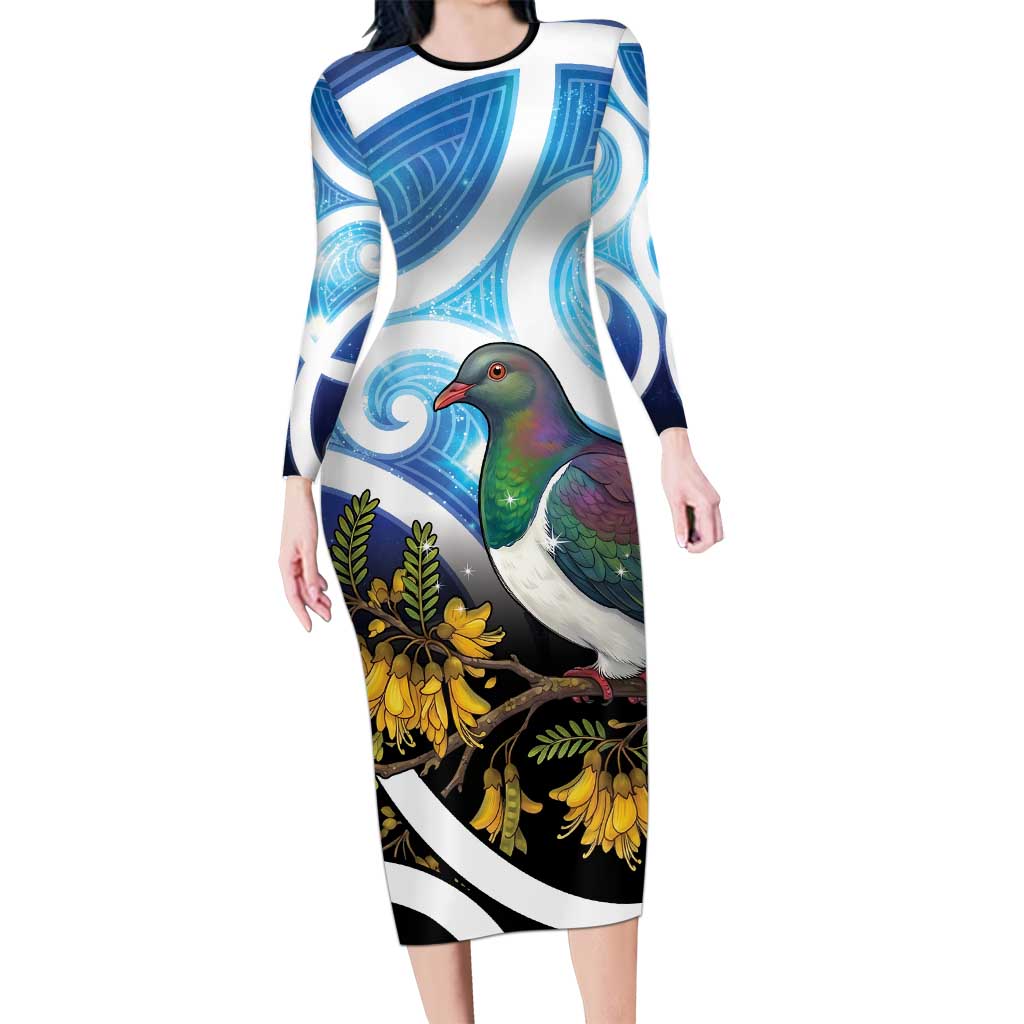 Kekeru New Zealand Matariki Long Sleeve Bodycon Dress Kukupa Kowhai Maori New Year Blue Version