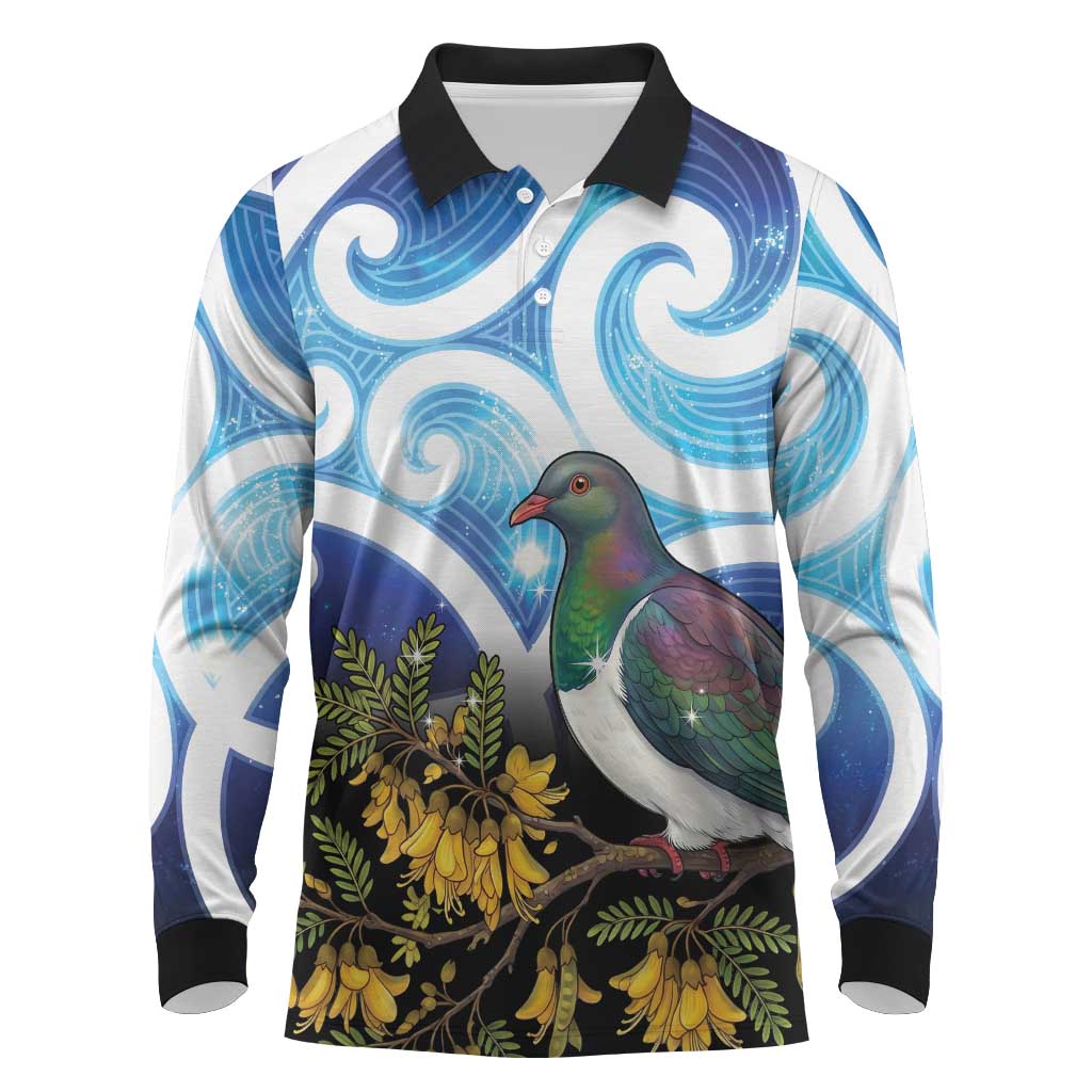 Kekeru New Zealand Matariki Long Sleeve Polo Shirt Kukupa Kowhai Maori New Year Blue Version