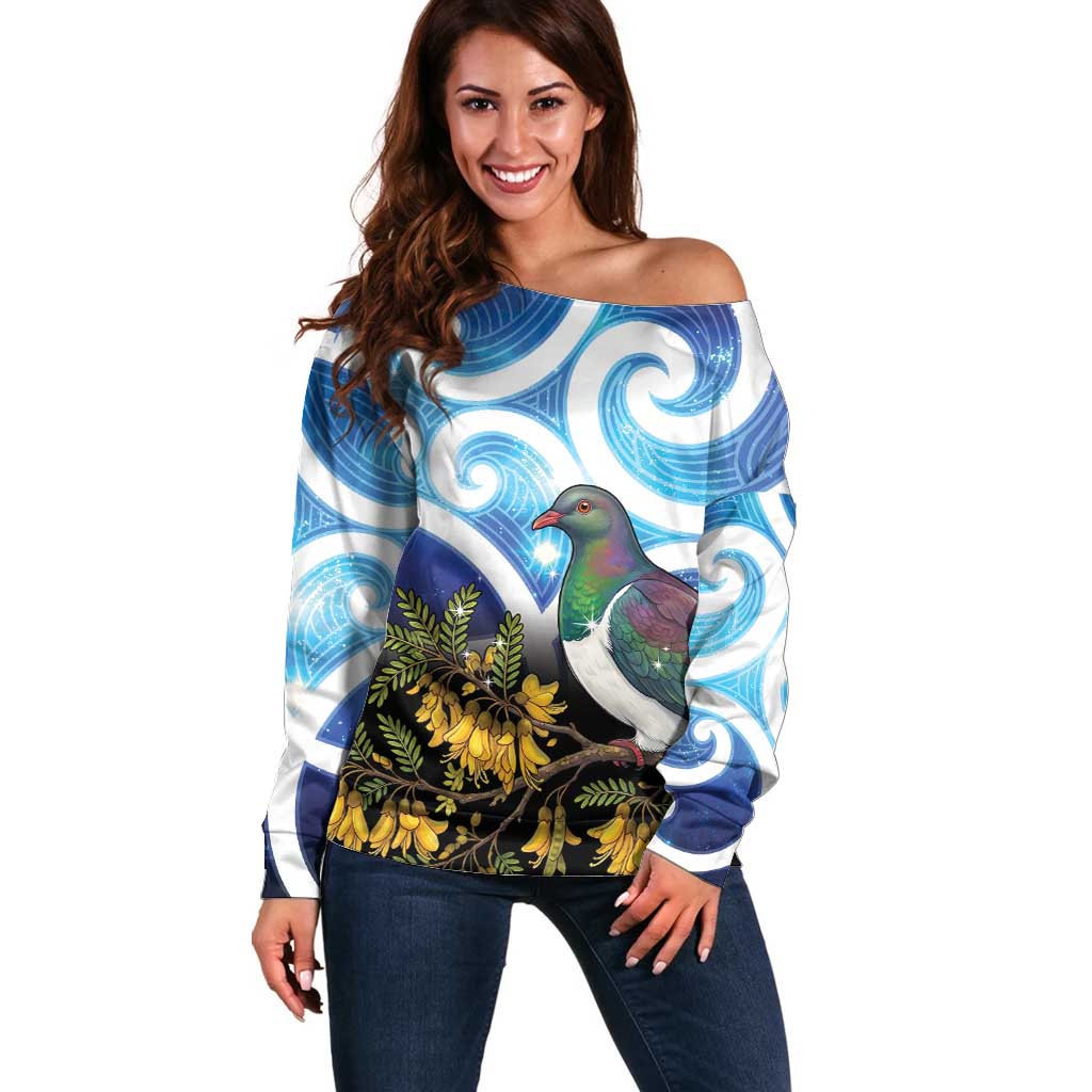 Kekeru New Zealand Matariki Off Shoulder Sweater Kukupa Kowhai Maori New Year Blue Version LT14 Women Blue - Polynesian Pride