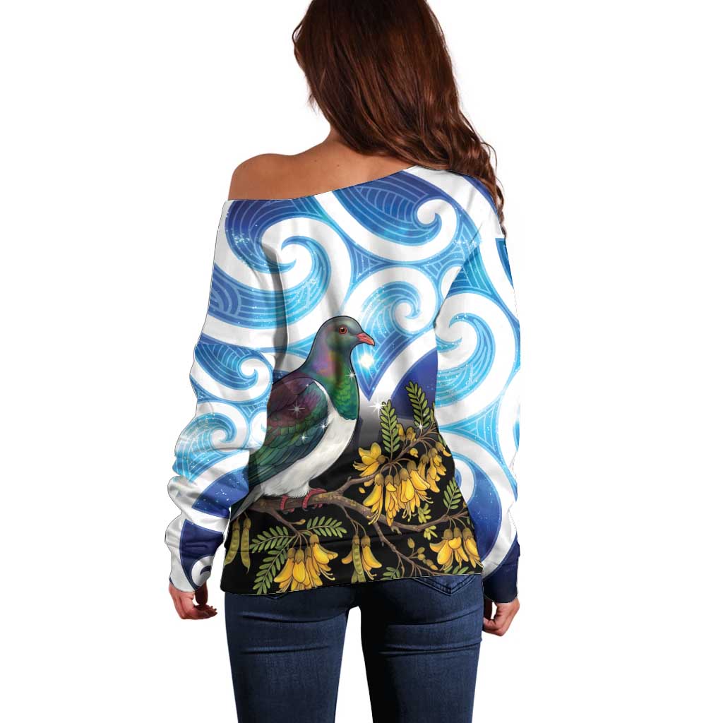 Kekeru New Zealand Matariki Off Shoulder Sweater Kukupa Kowhai Maori New Year Blue Version LT14 - Polynesian Pride