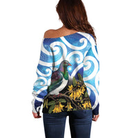 Kekeru New Zealand Matariki Off Shoulder Sweater Kukupa Kowhai Maori New Year Blue Version LT14 - Polynesian Pride