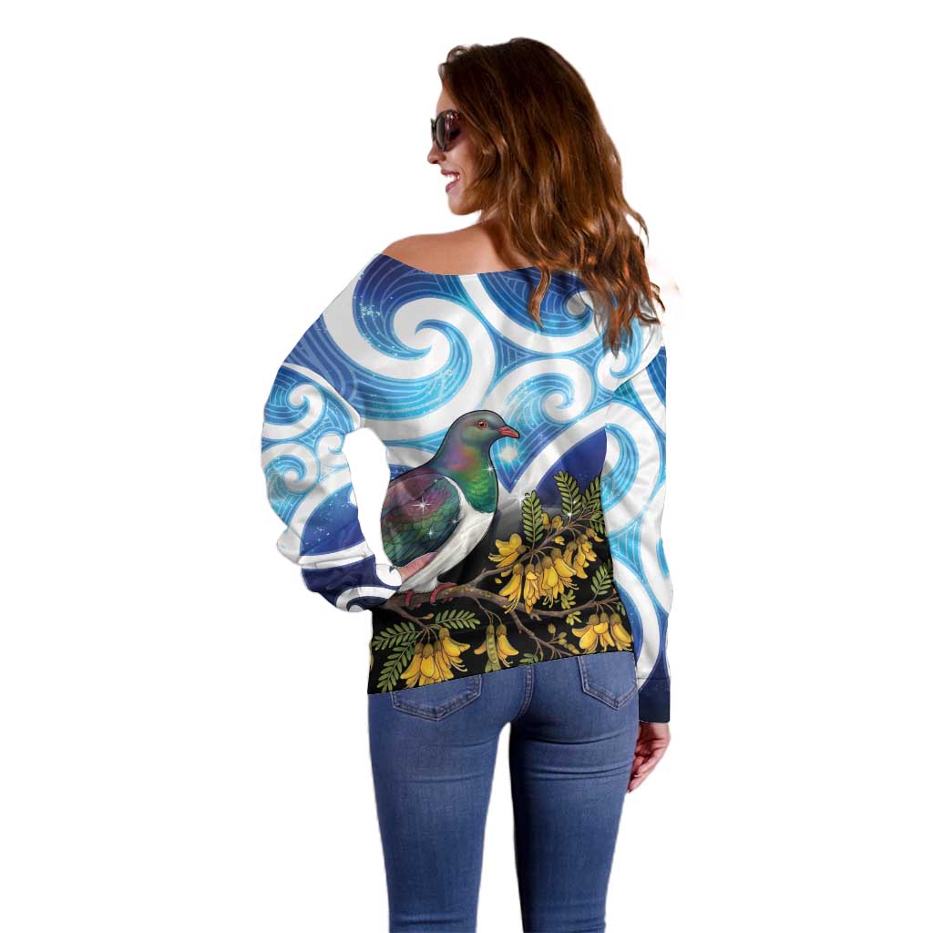 Kekeru New Zealand Matariki Off Shoulder Sweater Kukupa Kowhai Maori New Year Blue Version LT14 - Polynesian Pride