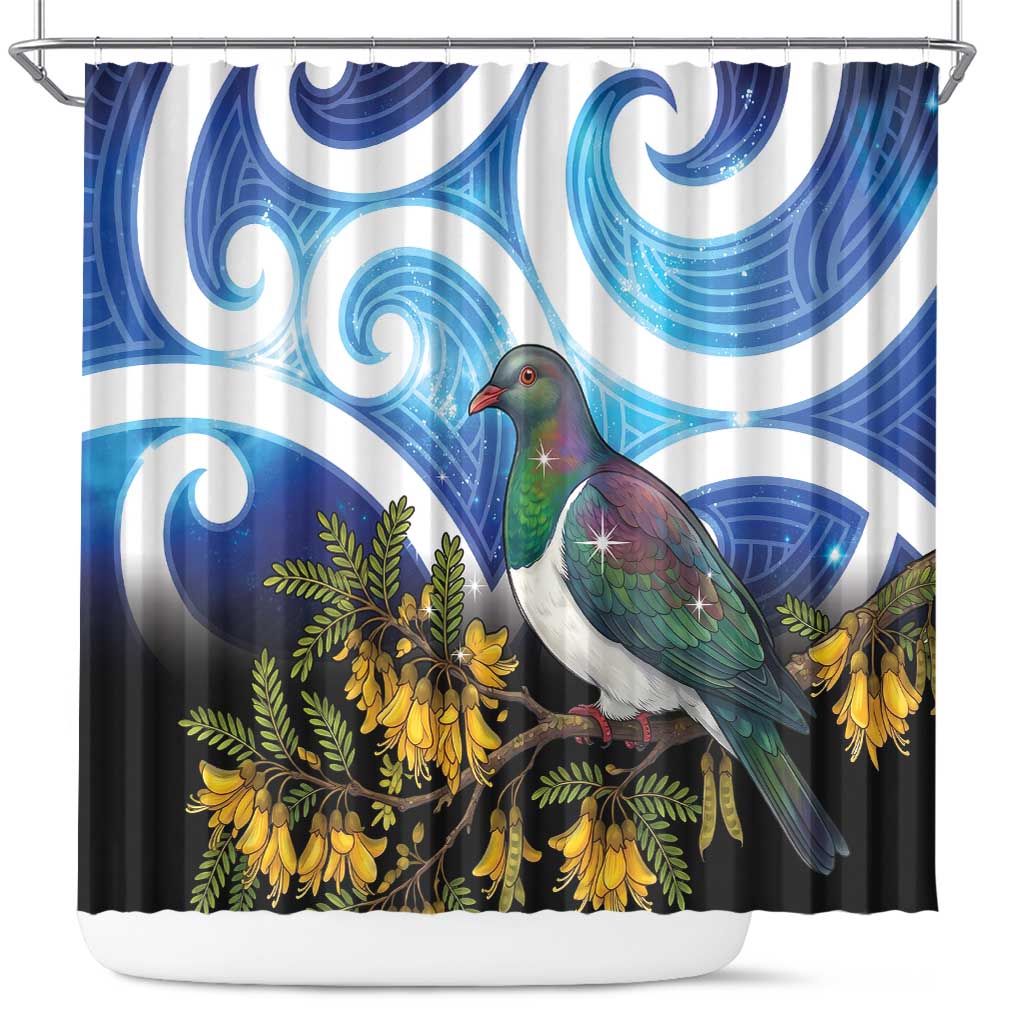 Kekeru New Zealand Matariki Shower Curtain Kukupa Kowhai Maori New Year Blue Version