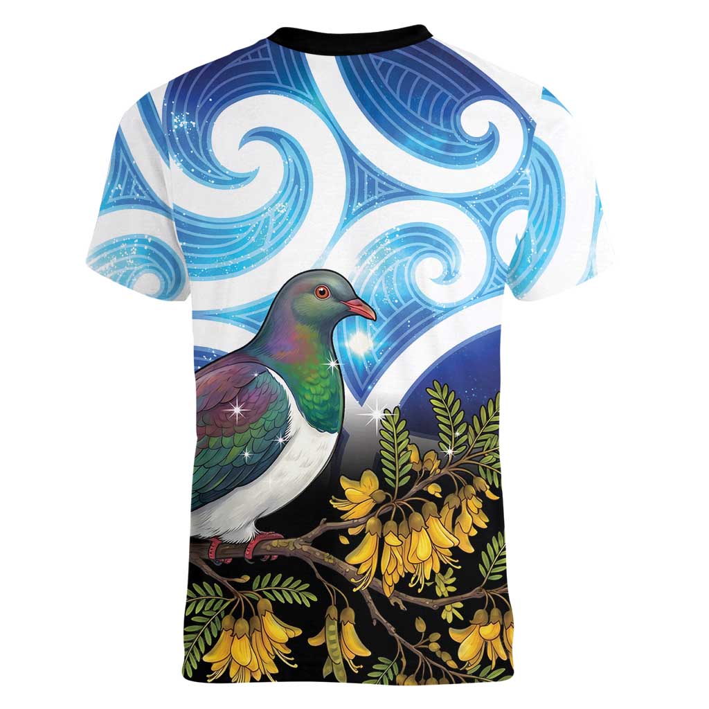 Kekeru New Zealand Matariki Women V-Neck T-Shirt Kukupa Kowhai Maori New Year Blue Version LT14 - Polynesian Pride