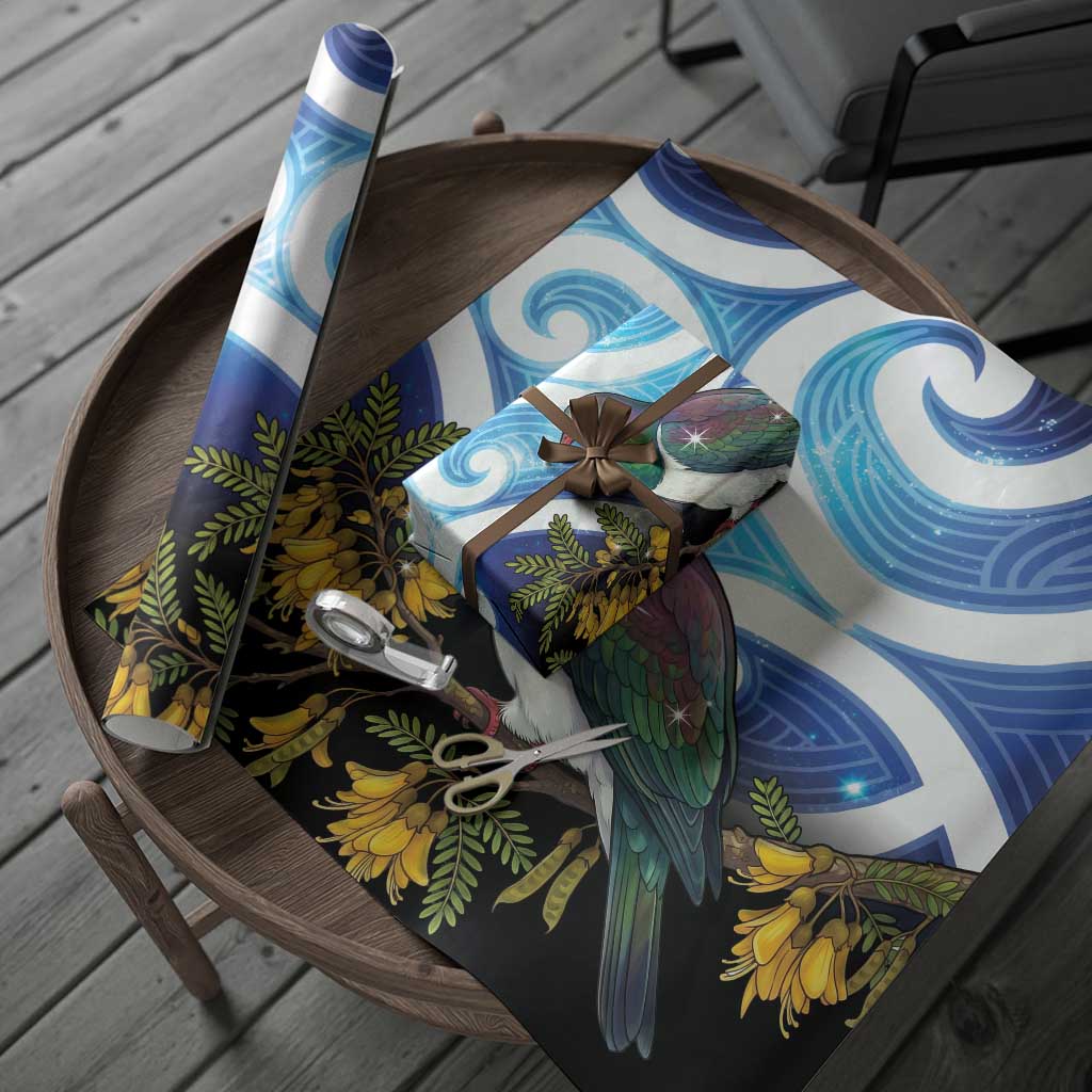 Kekeru New Zealand Matariki Wrapping Paper Kukupa Kowhai Maori New Year Blue Version