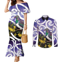Kekeru New Zealand Matariki Couples Matching Mermaid Dress and Long Sleeve Button Shirt Kukupa Kowhai Maori New Year Purple Version LT14 Purple - Polynesian Pride