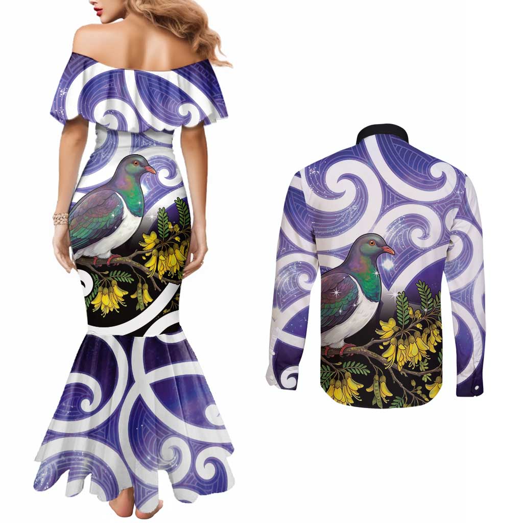Kekeru New Zealand Matariki Couples Matching Mermaid Dress and Long Sleeve Button Shirt Kukupa Kowhai Maori New Year Purple Version LT14 - Polynesian Pride