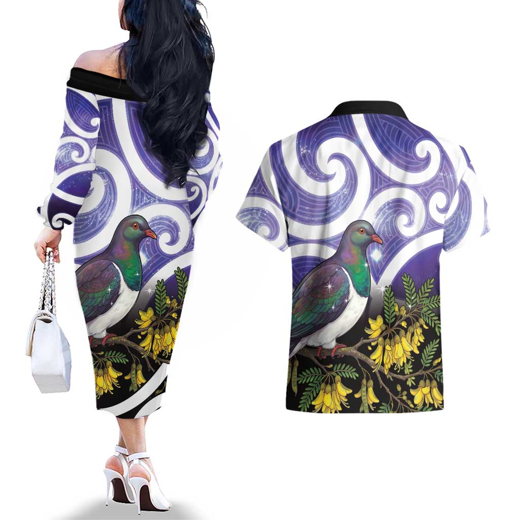 Kekeru New Zealand Matariki Couples Matching Off The Shoulder Long Sleeve Dress and Hawaiian Shirt Kukupa Kowhai Maori New Year Purple Version LT14 - Polynesian Pride