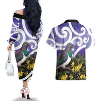 Kekeru New Zealand Matariki Couples Matching Off The Shoulder Long Sleeve Dress and Hawaiian Shirt Kukupa Kowhai Maori New Year Purple Version LT14 - Polynesian Pride