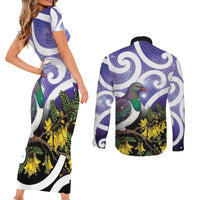 Kekeru New Zealand Matariki Couples Matching Short Sleeve Bodycon Dress and Long Sleeve Button Shirt Kukupa Kowhai Maori New Year Purple Version LT14 - Polynesian Pride