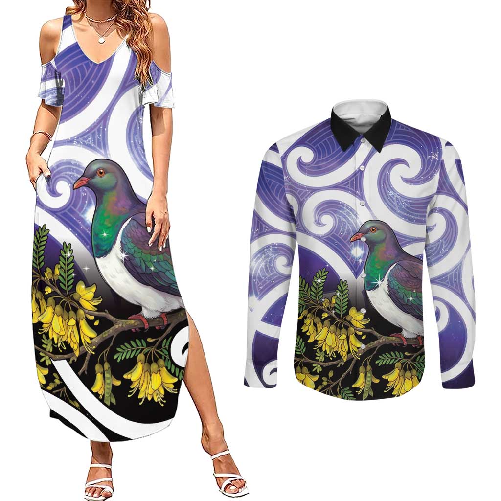 Kekeru New Zealand Matariki Couples Matching Summer Maxi Dress and Long Sleeve Button Shirt Kukupa Kowhai Maori New Year Purple Version