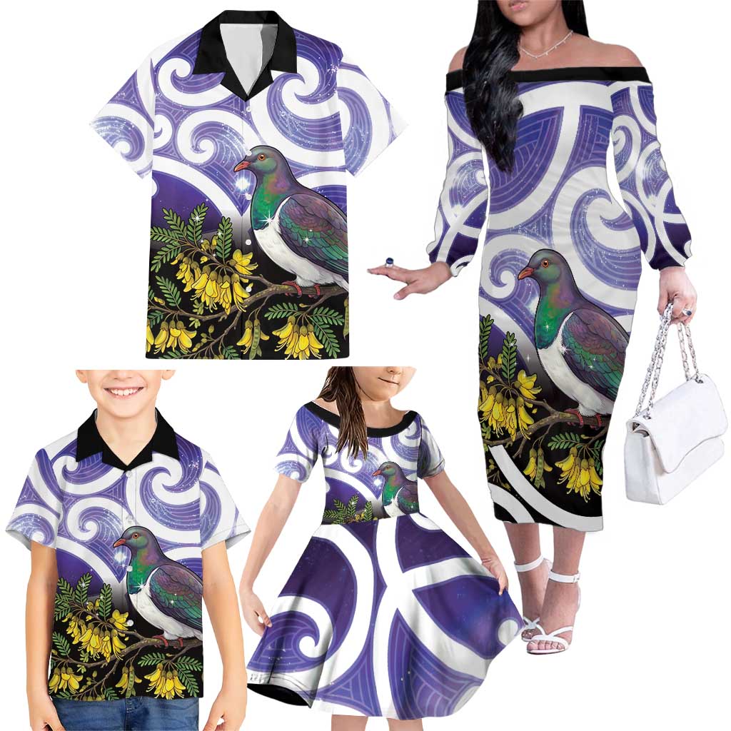 Kekeru New Zealand Matariki Family Matching Off The Shoulder Long Sleeve Dress and Hawaiian Shirt Kukupa Kowhai Maori New Year Purple Version