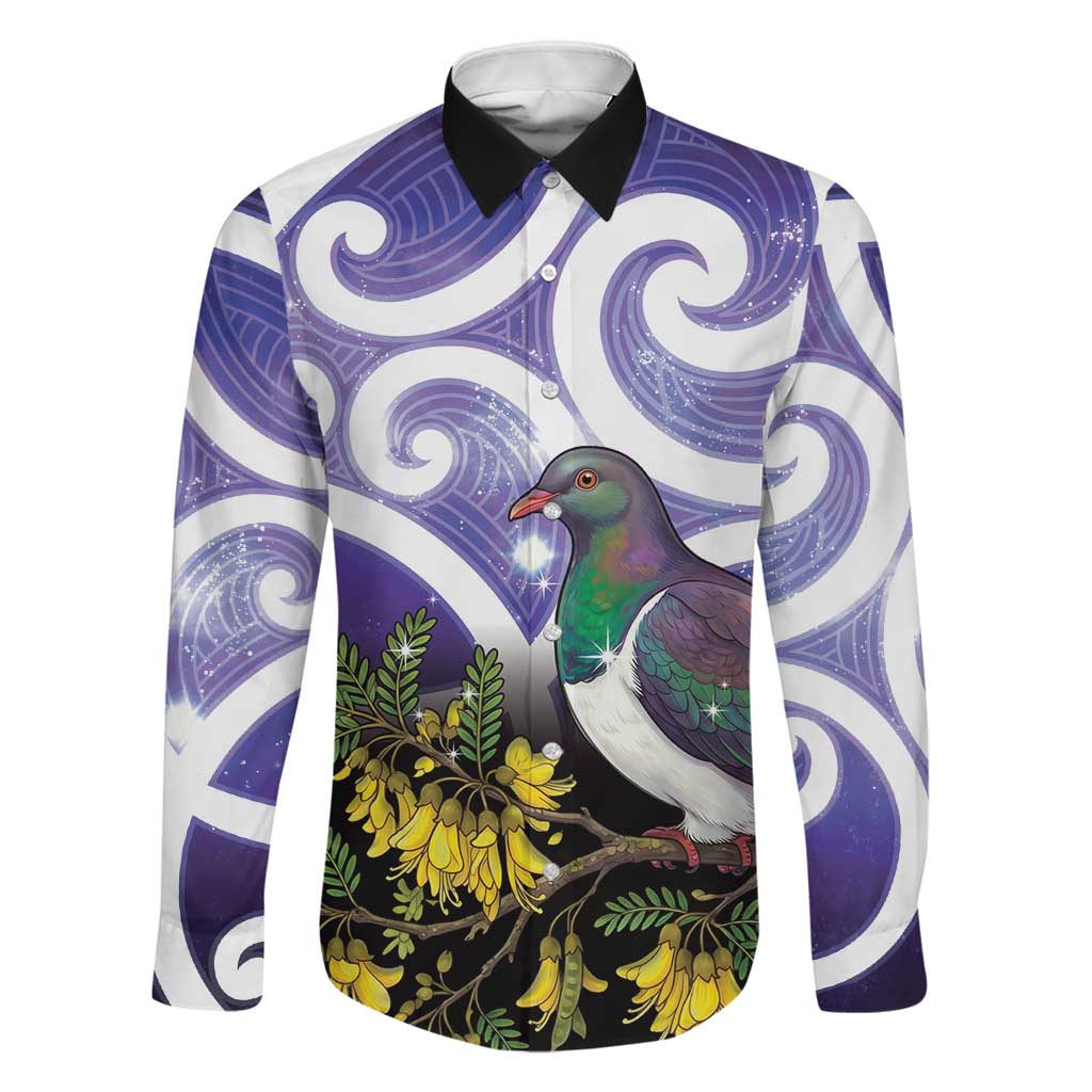Kekeru New Zealand Matariki Family Matching Off Shoulder Maxi Dress and Hawaiian Shirt Kukupa Kowhai Maori New Year Purple Version LT14 Dad's Shirt - Long Sleeve Purple - Polynesian Pride