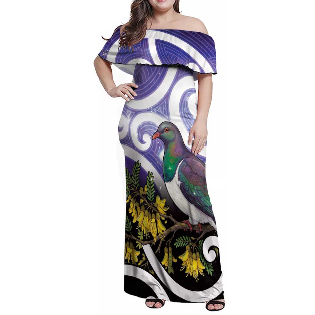 Kekeru New Zealand Matariki Family Matching Off Shoulder Maxi Dress and Hawaiian Shirt Kukupa Kowhai Maori New Year Purple Version LT14 Mom's Dress Purple - Polynesian Pride