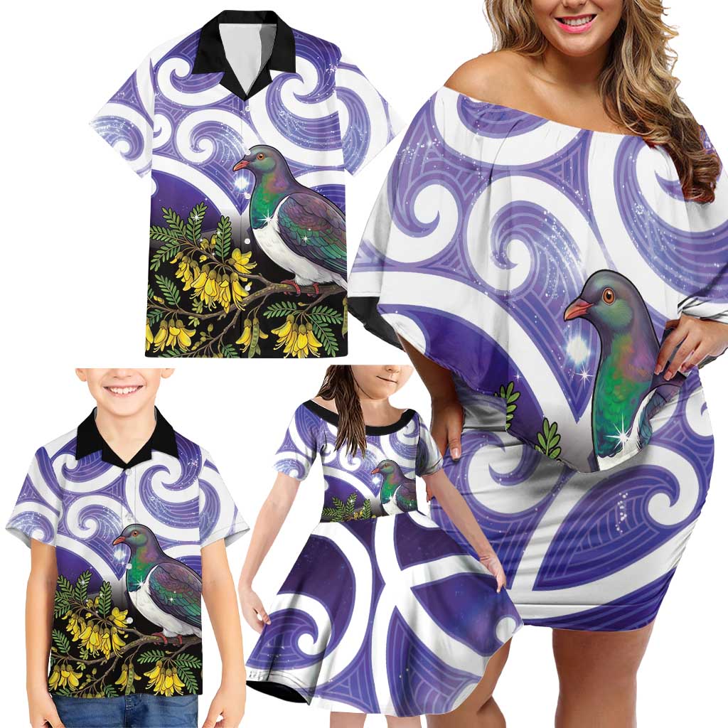 Kekeru New Zealand Matariki Family Matching Off Shoulder Short Dress and Hawaiian Shirt Kukupa Kowhai Maori New Year Purple Version