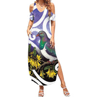 Kekeru New Zealand Matariki Family Matching Summer Maxi Dress and Hawaiian Shirt Kukupa Kowhai Maori New Year Purple Version LT14 Mom's Dress Purple - Polynesian Pride