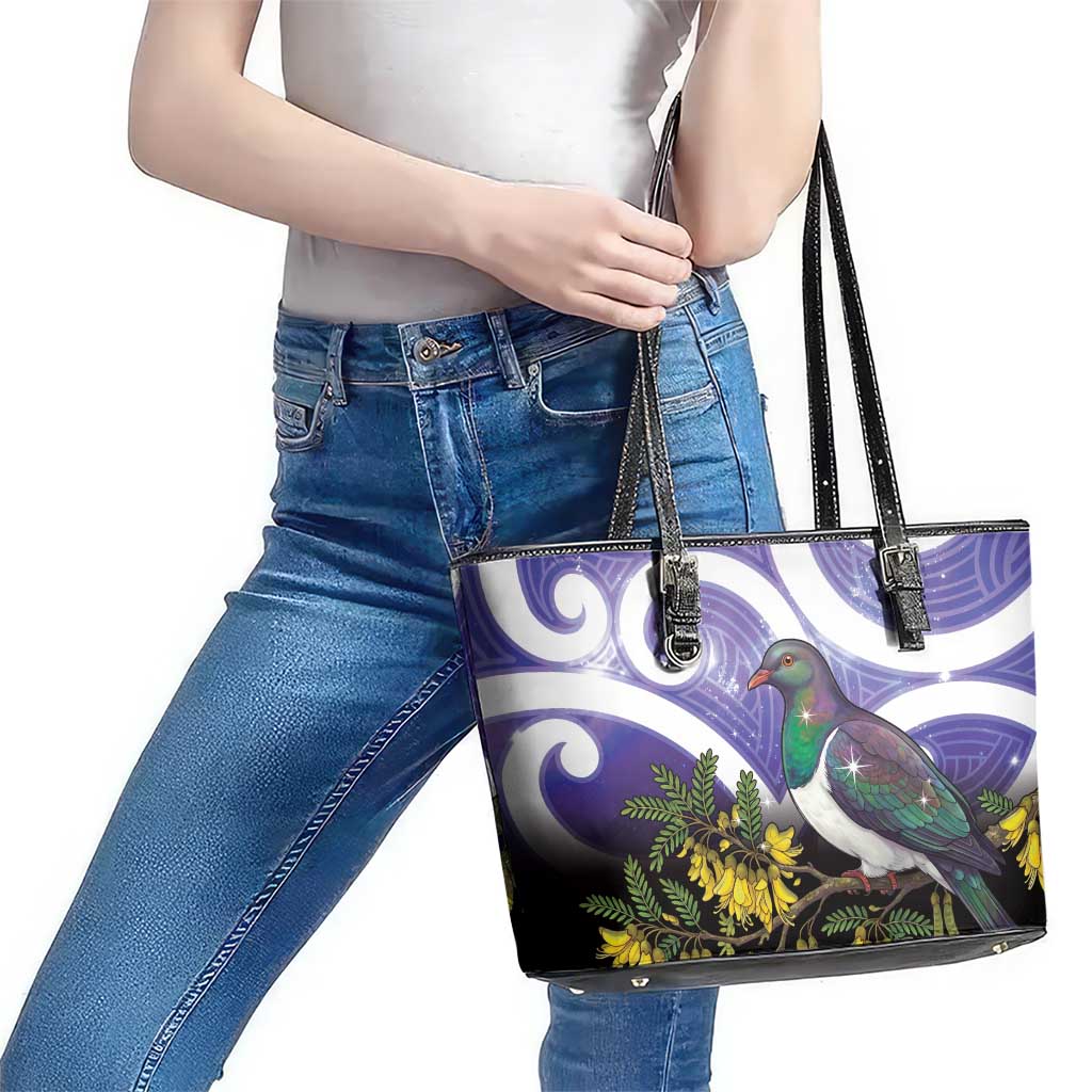 Kekeru New Zealand Matariki Leather Tote Bag Kukupa Kowhai Maori New Year Purple Version LT14 - Polynesian Pride