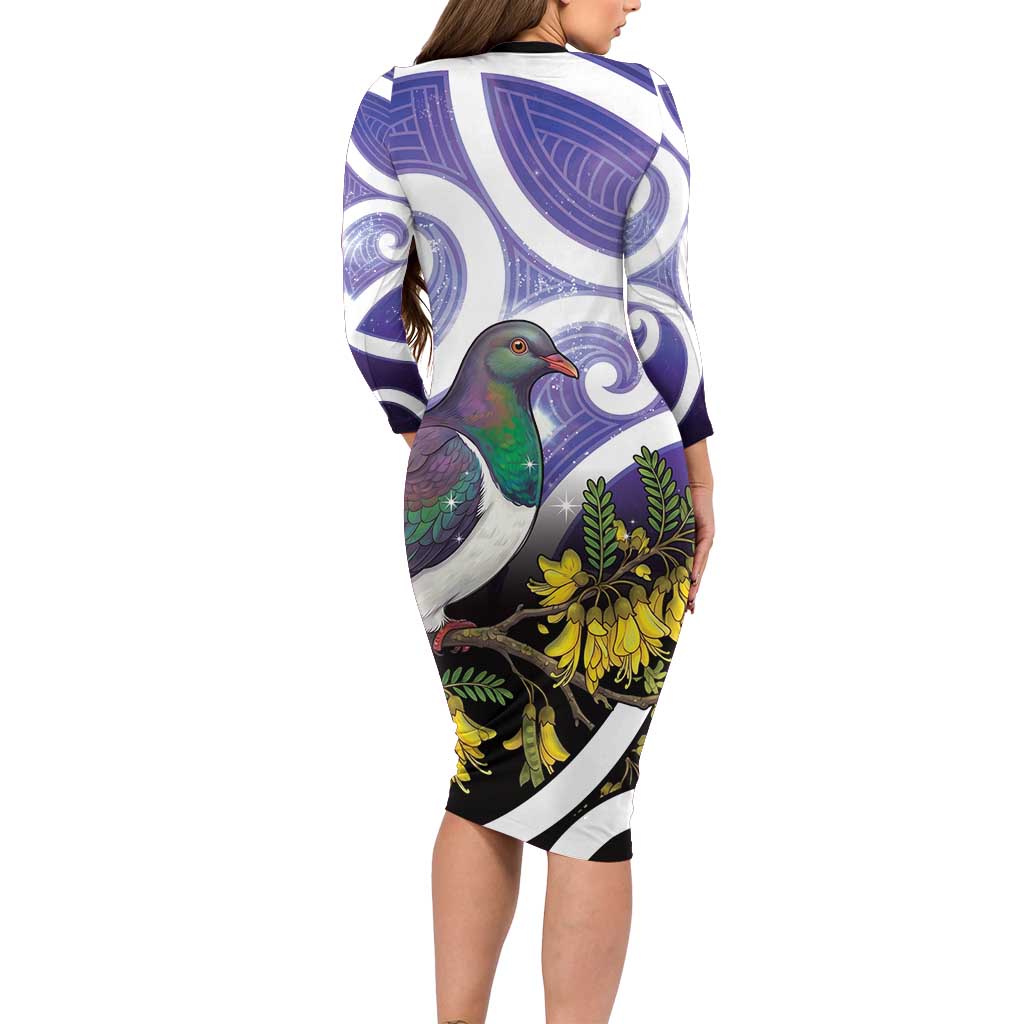 Kekeru New Zealand Matariki Long Sleeve Bodycon Dress Kukupa Kowhai Maori New Year Purple Version LT14 - Polynesian Pride