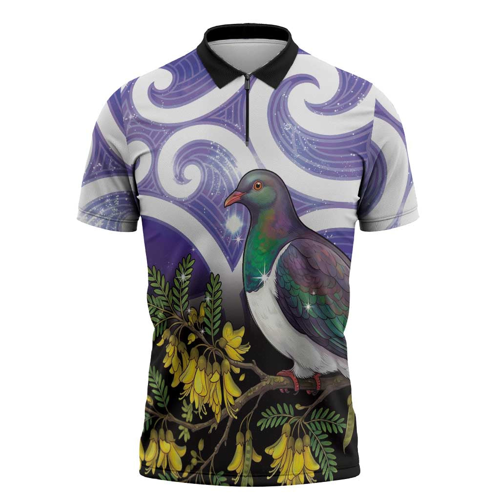 Kekeru New Zealand Matariki Zipper Polo Shirt Kukupa Kowhai Maori New Year Purple Version LT14 Purple - Polynesian Pride