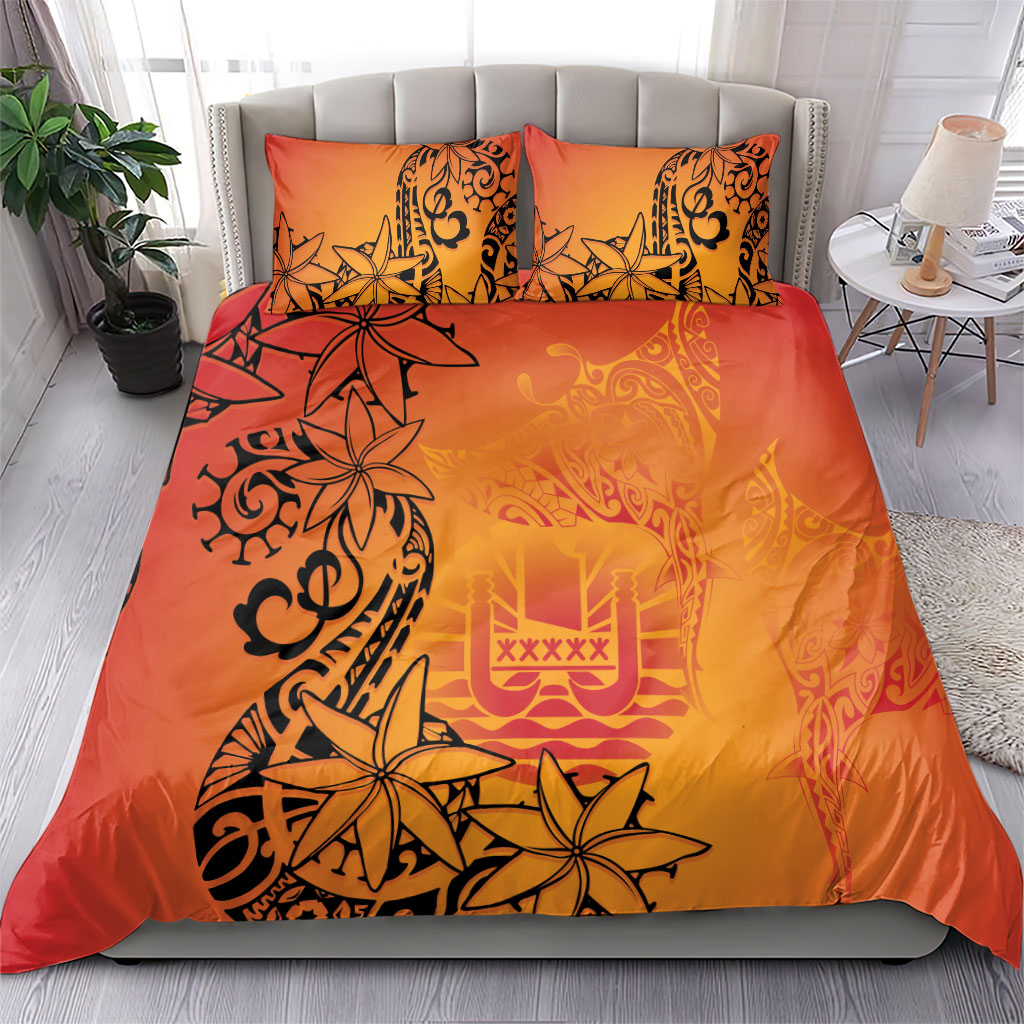French Polynesia Manta Ray Tattoo Bedding Set Tahiti Hahalua Tiare Maori Gradient Style