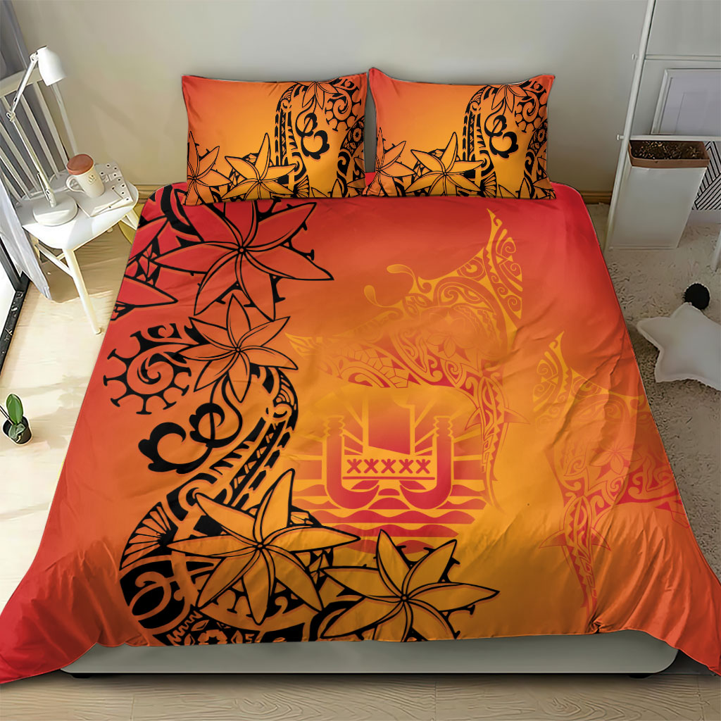 French Polynesia Manta Ray Tattoo Bedding Set Tahiti Hahalua Tiare Maori Gradient Style