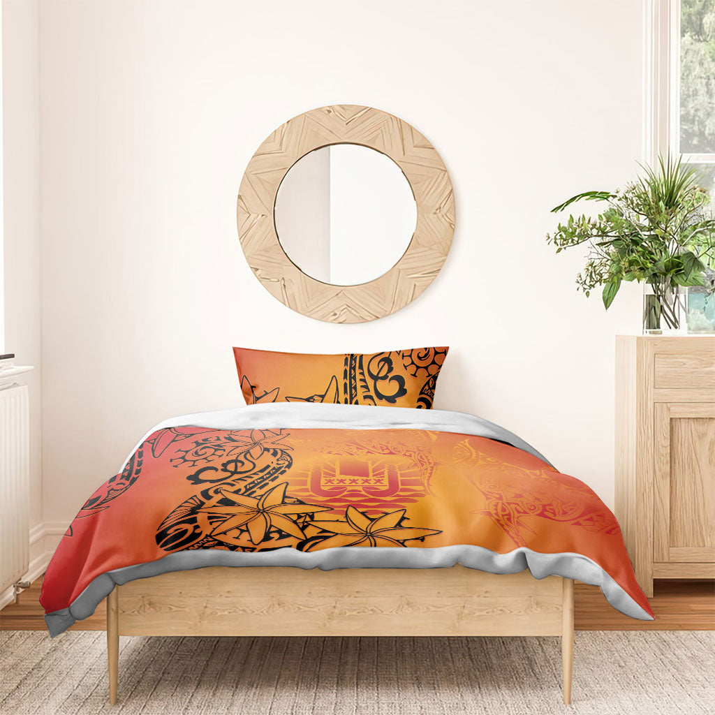 French Polynesia Manta Ray Tattoo Bedding Set Tahiti Hahalua Tiare Maori Gradient Style