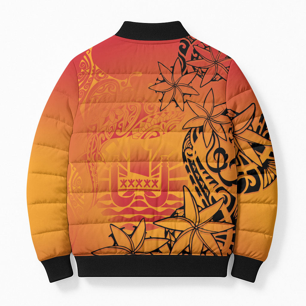 French Polynesia Manta Ray Tattoo Bomber Puffer Jacket Tahiti Hahalua Tiare Maori Gradient Style