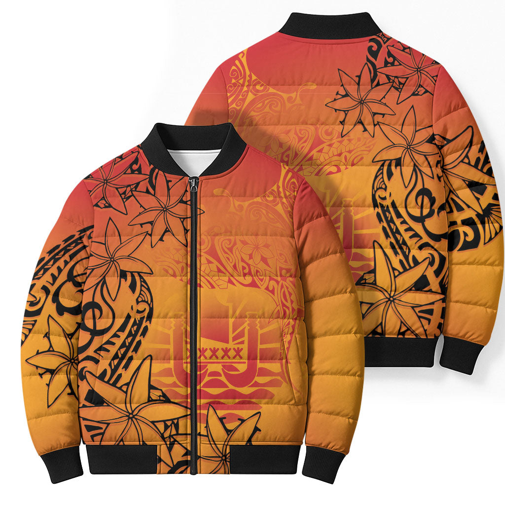 French Polynesia Manta Ray Tattoo Bomber Puffer Jacket Tahiti Hahalua Tiare Maori Gradient Style