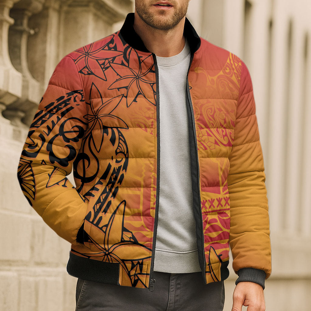 French Polynesia Manta Ray Tattoo Bomber Puffer Jacket Tahiti Hahalua Tiare Maori Gradient Style
