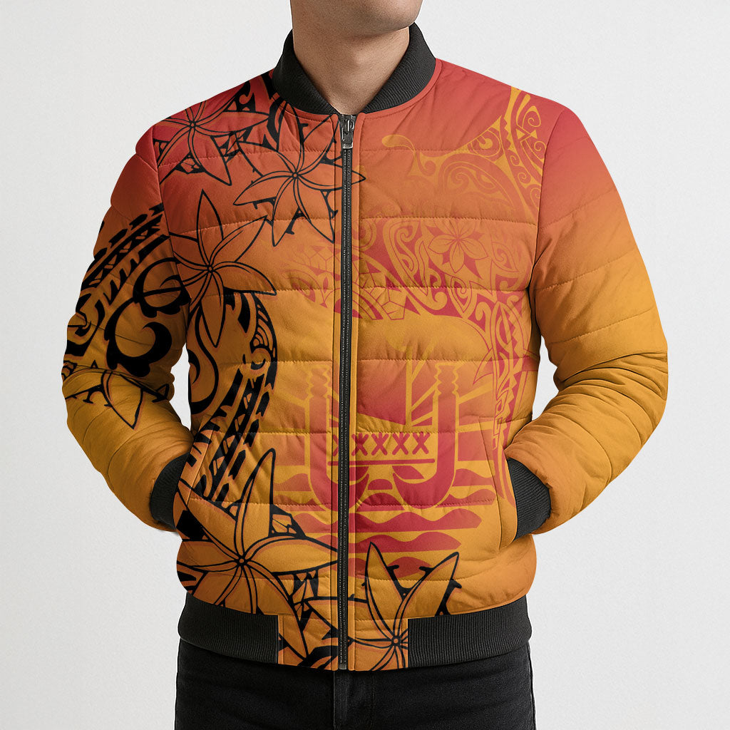 French Polynesia Manta Ray Tattoo Bomber Puffer Jacket Tahiti Hahalua Tiare Maori Gradient Style