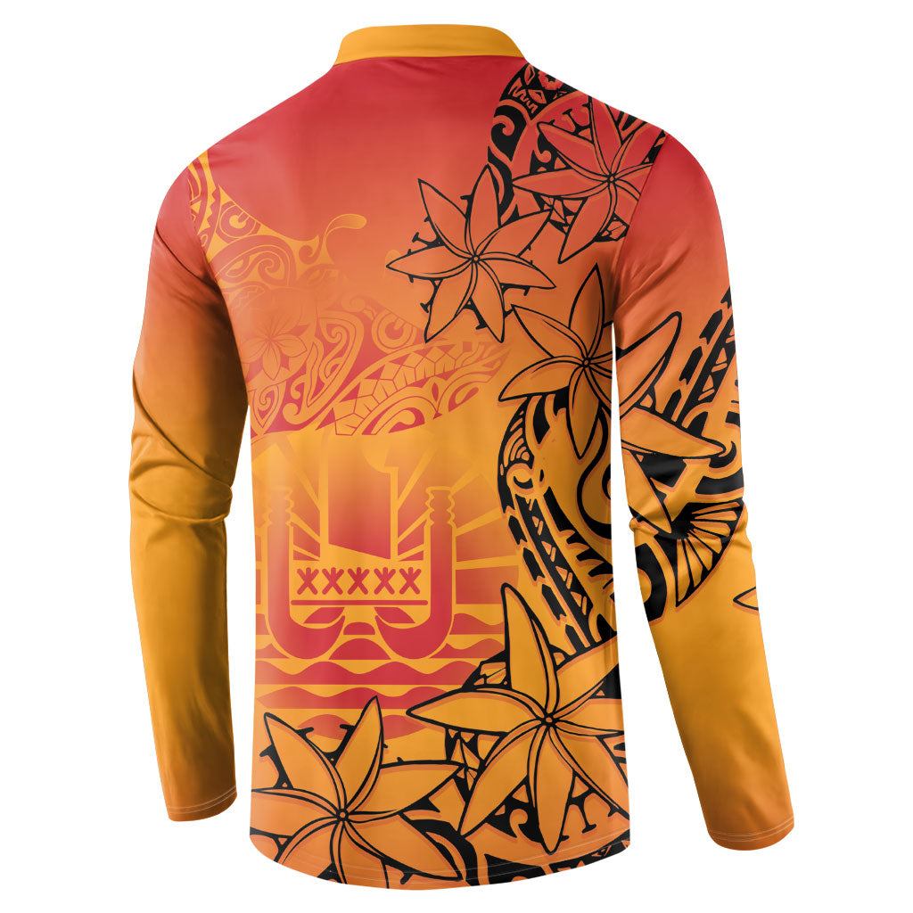 French Polynesia Manta Ray Tattoo Button Sweatshirt Tahiti Hahalua Tiare Maori Gradient Style