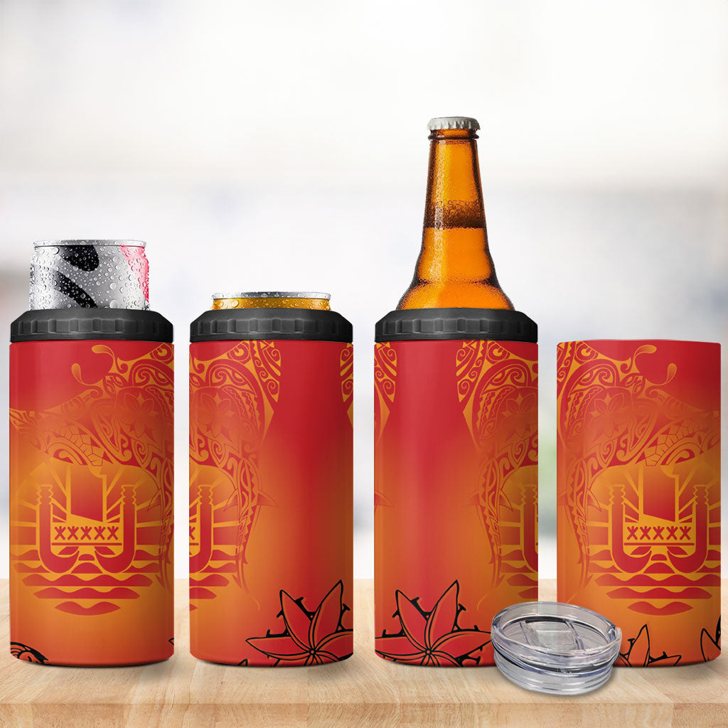 French Polynesia Manta Ray Tattoo 4 in 1 Can Cooler Tumbler Tahiti Hahalua Tiare Maori Gradient Style