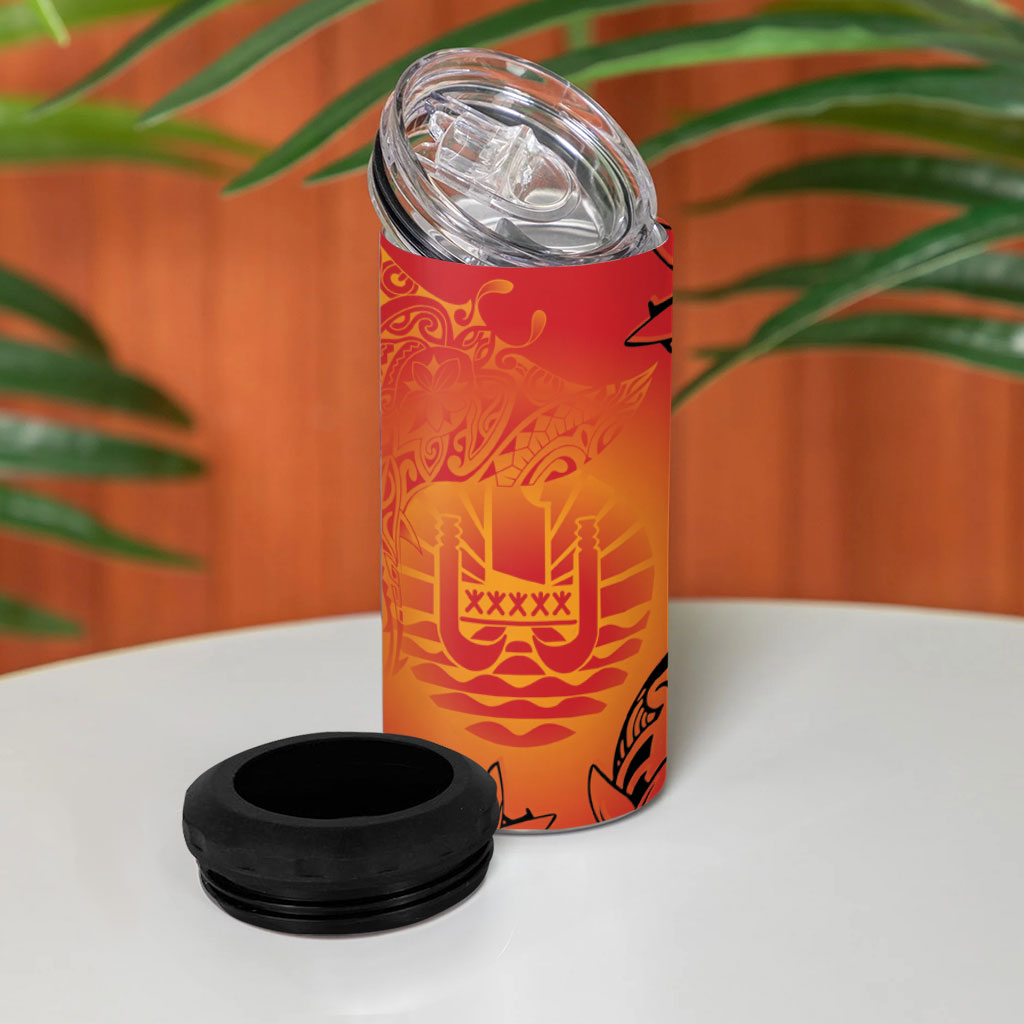 French Polynesia Manta Ray Tattoo 4 in 1 Can Cooler Tumbler Tahiti Hahalua Tiare Maori Gradient Style