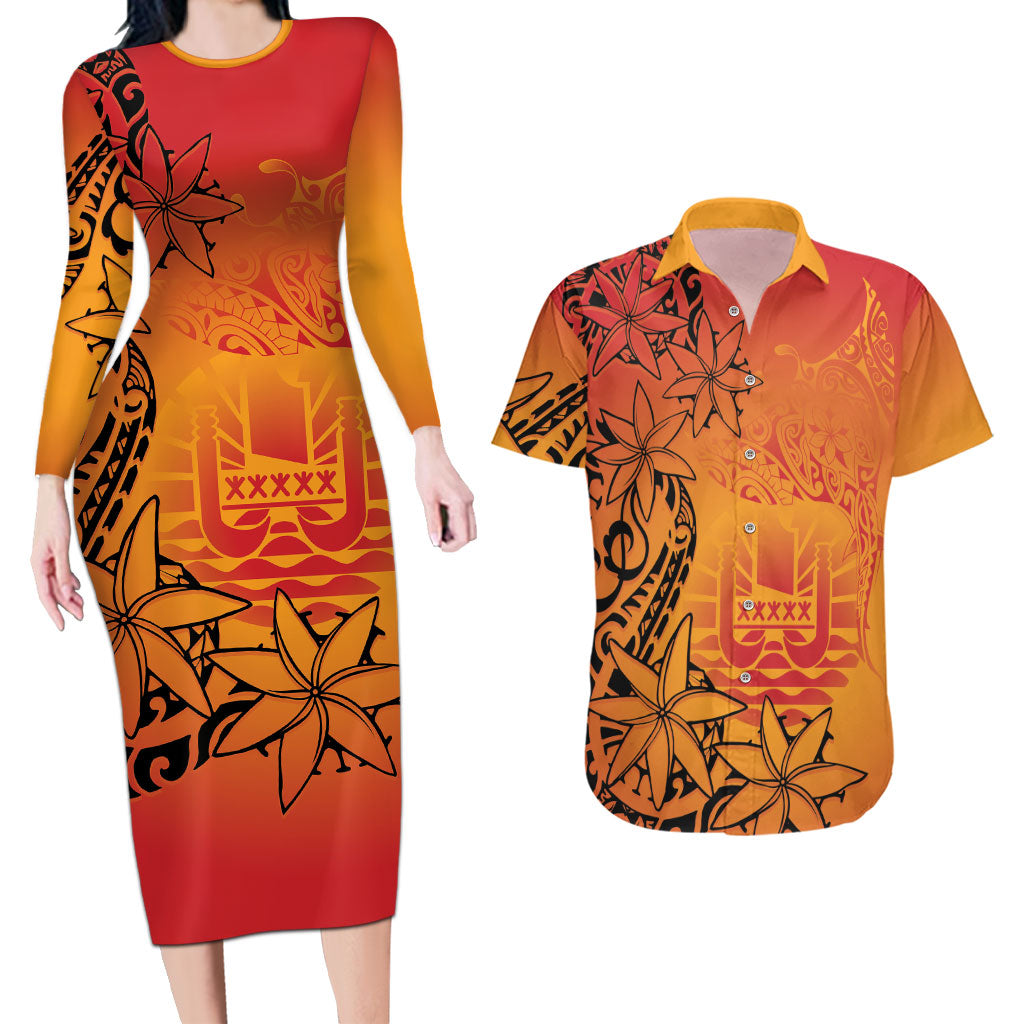 French Polynesia Manta Ray Tattoo Couples Matching Long Sleeve Bodycon Dress and Hawaiian Shirt Tahiti Hahalua Tiare Maori Gradient Style LT14 Orange - Polynesian Pride