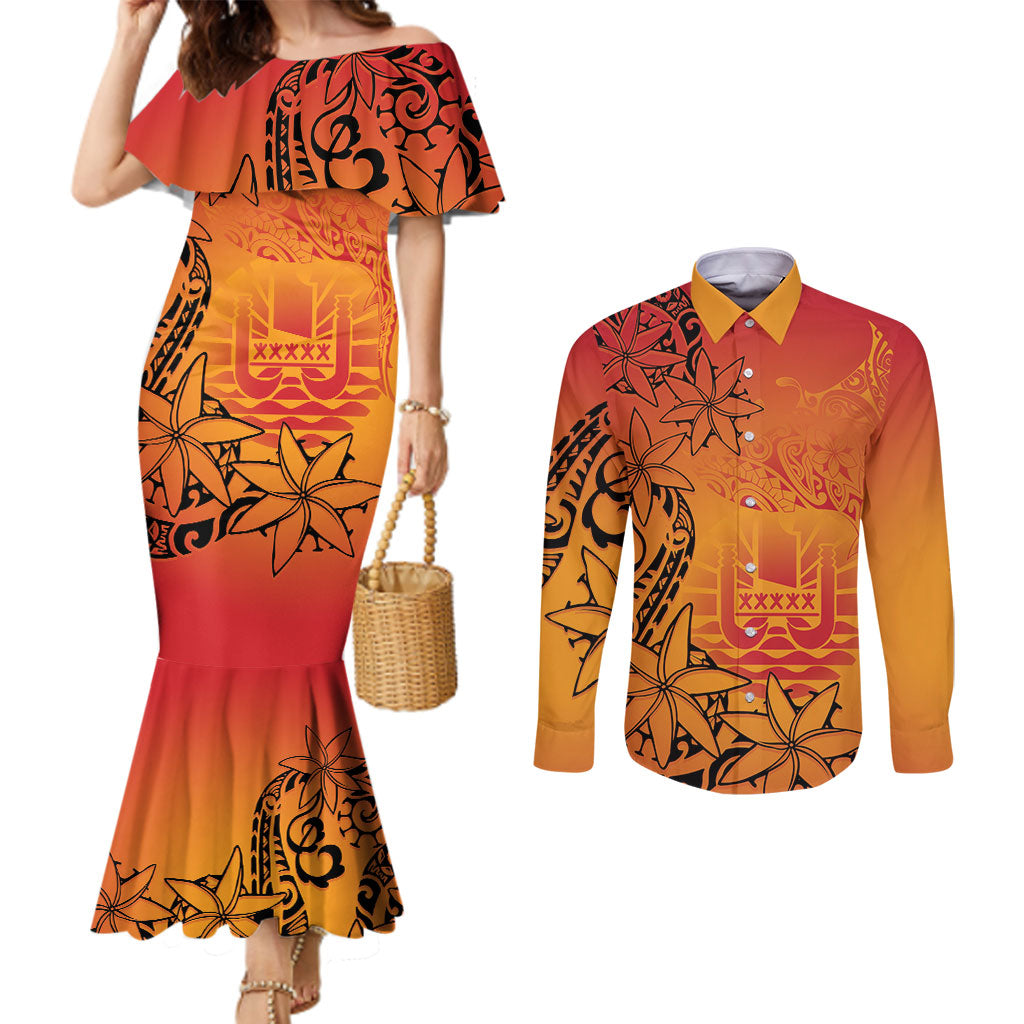 French Polynesia Manta Ray Tattoo Couples Matching Mermaid Dress and Long Sleeve Button Shirt Tahiti Hahalua Tiare Maori Gradient Style LT14 Orange - Polynesian Pride