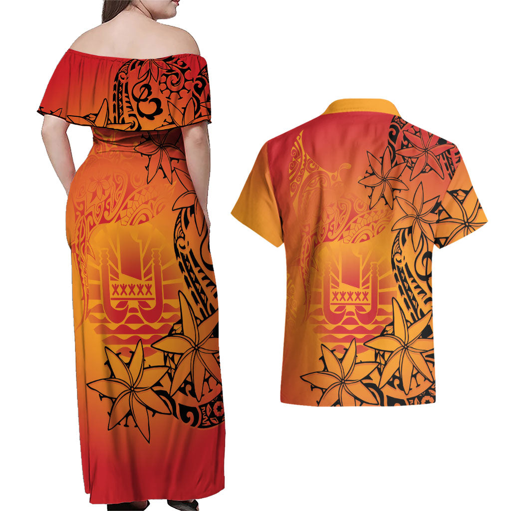 French Polynesia Manta Ray Tattoo Couples Matching Off Shoulder Maxi Dress and Hawaiian Shirt Tahiti Hahalua Tiare Maori Gradient Style LT14 - Polynesian Pride
