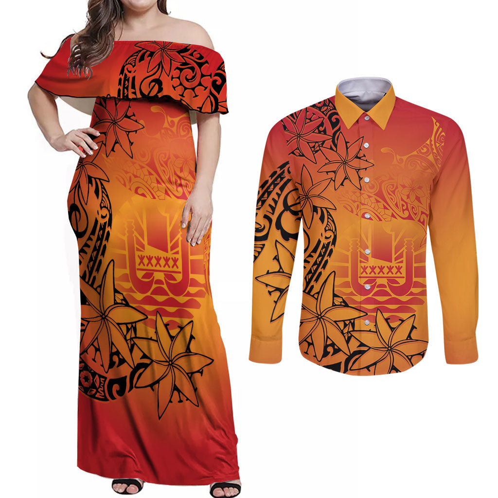 French Polynesia Manta Ray Tattoo Couples Matching Off Shoulder Maxi Dress and Long Sleeve Button Shirt Tahiti Hahalua Tiare Maori Gradient Style