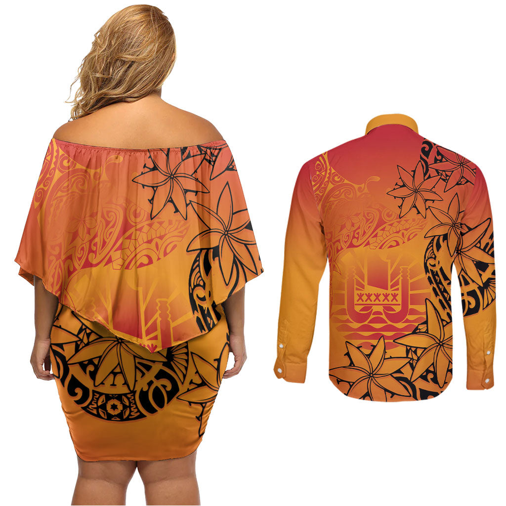 French Polynesia Manta Ray Tattoo Couples Matching Off Shoulder Short Dress and Long Sleeve Button Shirt Tahiti Hahalua Tiare Maori Gradient Style