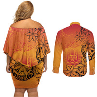 French Polynesia Manta Ray Tattoo Couples Matching Off Shoulder Short Dress and Long Sleeve Button Shirt Tahiti Hahalua Tiare Maori Gradient Style