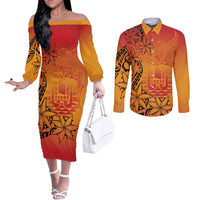 French Polynesia Manta Ray Tattoo Couples Matching Off The Shoulder Long Sleeve Dress and Long Sleeve Button Shirt Tahiti Hahalua Tiare Maori Gradient Style LT14 Orange - Polynesian Pride