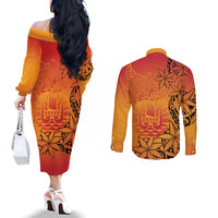 French Polynesia Manta Ray Tattoo Couples Matching Off The Shoulder Long Sleeve Dress and Long Sleeve Button Shirt Tahiti Hahalua Tiare Maori Gradient Style LT14 - Polynesian Pride