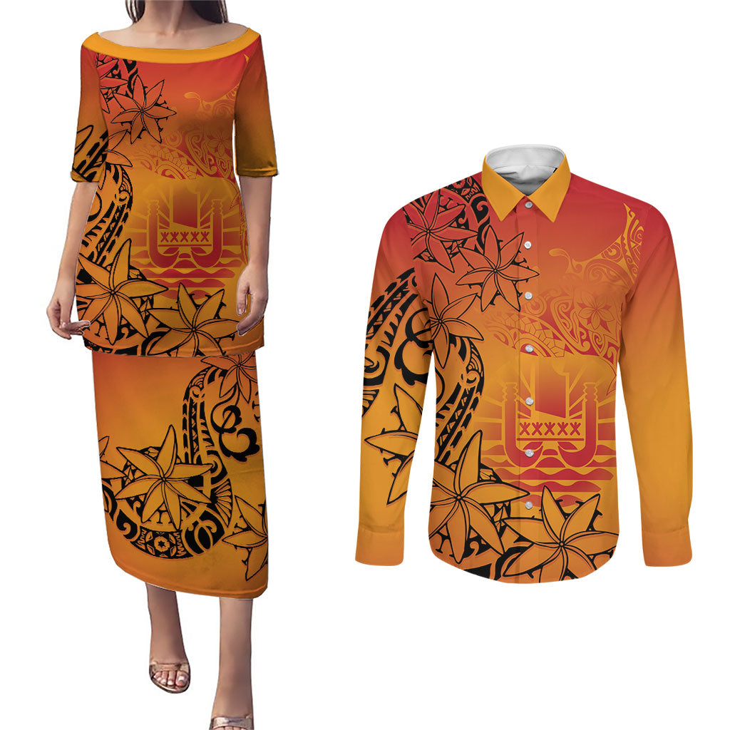 French Polynesia Manta Ray Tattoo Couples Matching Puletasi and Long Sleeve Button Shirt Tahiti Hahalua Tiare Maori Gradient Style