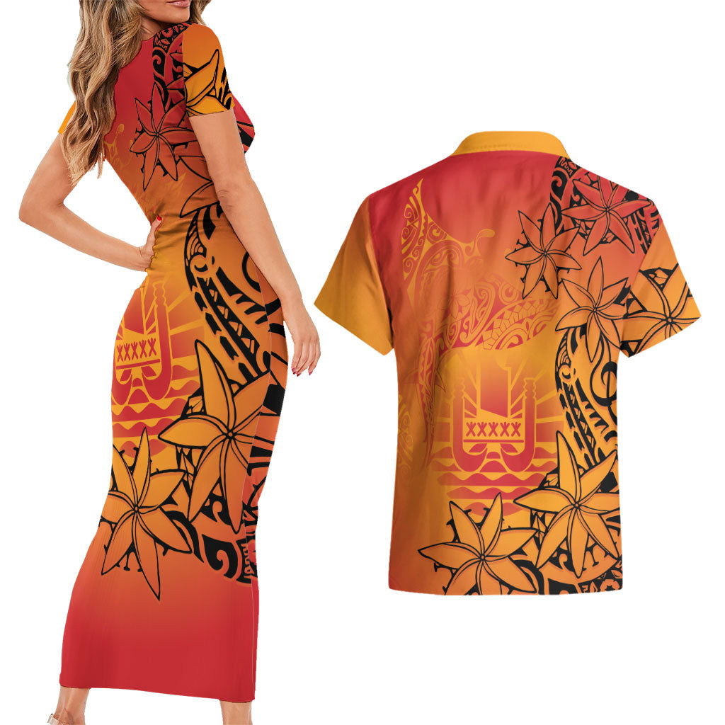 French Polynesia Manta Ray Tattoo Couples Matching Short Sleeve Bodycon Dress and Hawaiian Shirt Tahiti Hahalua Tiare Maori Gradient Style LT14 - Polynesian Pride