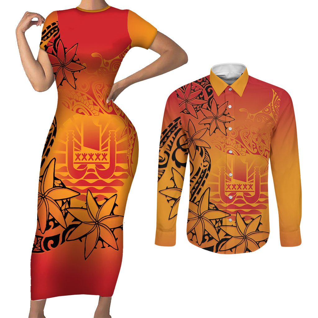 French Polynesia Manta Ray Tattoo Couples Matching Short Sleeve Bodycon Dress and Long Sleeve Button Shirt Tahiti Hahalua Tiare Maori Gradient Style LT14 Orange - Polynesian Pride