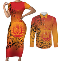 French Polynesia Manta Ray Tattoo Couples Matching Short Sleeve Bodycon Dress and Long Sleeve Button Shirt Tahiti Hahalua Tiare Maori Gradient Style LT14 Orange - Polynesian Pride