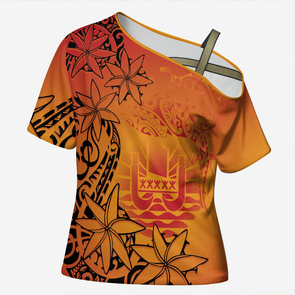 French Polynesia Manta Ray Tattoo Cross Shoulder Shirt Tahiti Hahalua Tiare Maori Gradient Style