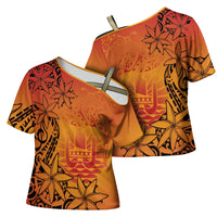 French Polynesia Manta Ray Tattoo Cross Shoulder Shirt Tahiti Hahalua Tiare Maori Gradient Style