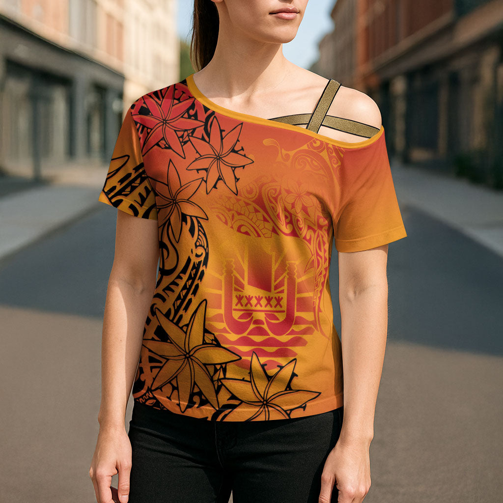 French Polynesia Manta Ray Tattoo Cross Shoulder Shirt Tahiti Hahalua Tiare Maori Gradient Style
