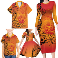 French Polynesia Manta Ray Tattoo Family Matching Long Sleeve Bodycon Dress and Hawaiian Shirt Tahiti Hahalua Tiare Maori Gradient Style LT14 - Polynesian Pride